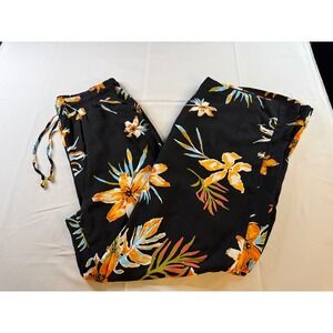 Indero Tropical Floral Wide Leg Pants Black Orange Hibiscus Size M Pockets